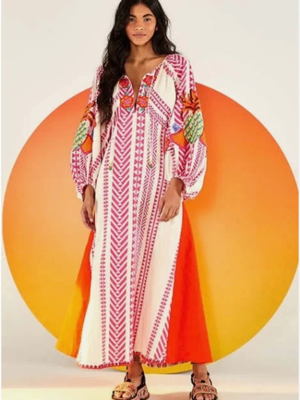 Farm Rio XL Bohemian Embroidered Maxi Midi Dress in Pink & Orange